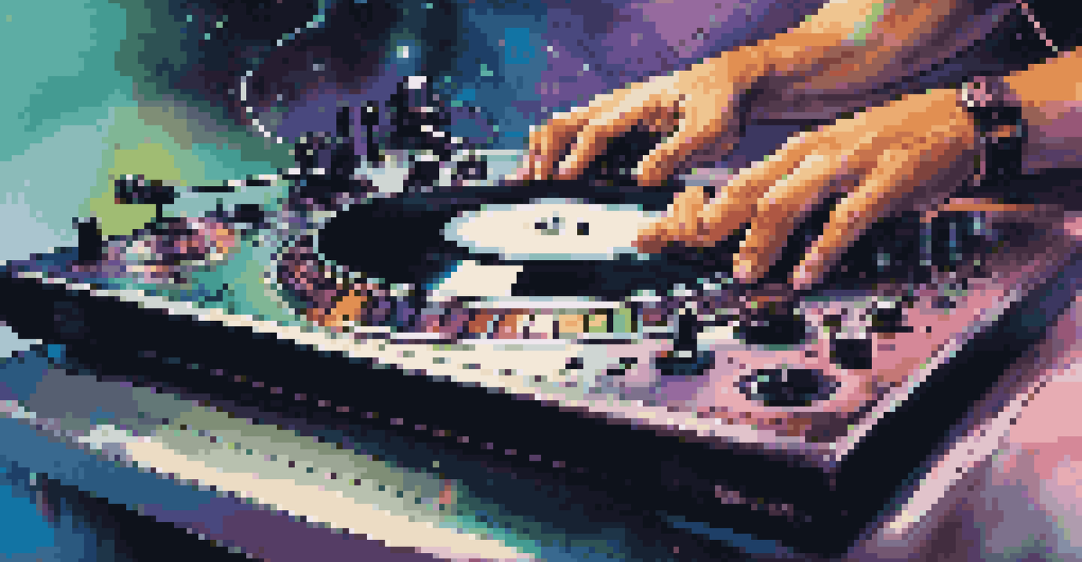 A close-up shot of a DJ's hands on a turntable, with vibrant sound waves and a blurred colorful background.