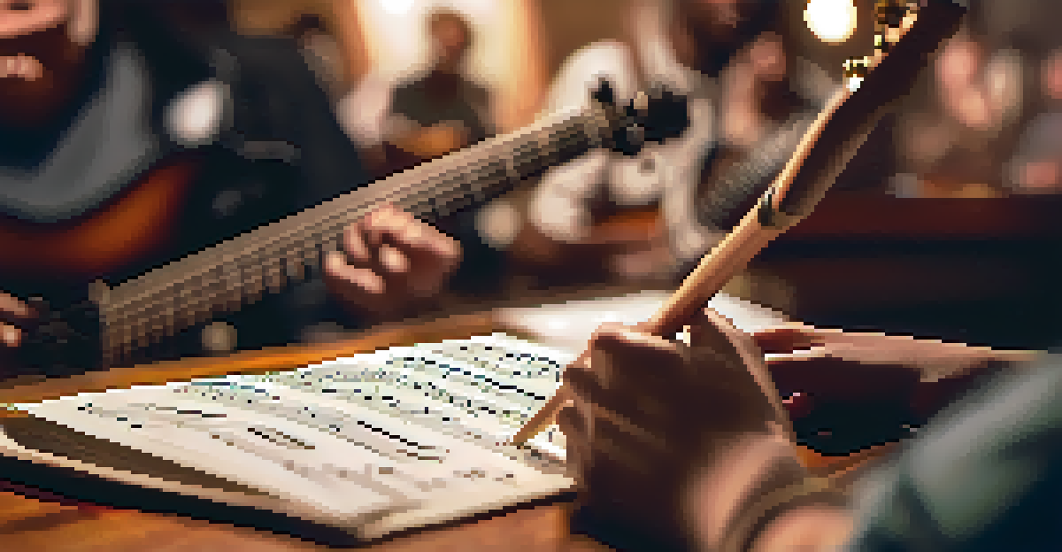 Close-up of hands playing a guitar, with sheet music and a group participating in music therapy in the background.