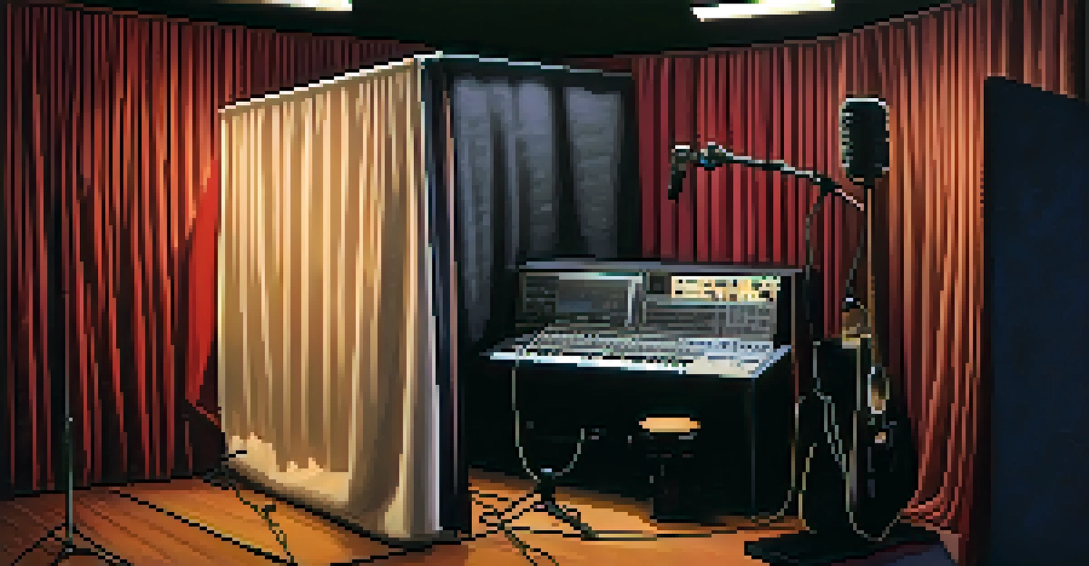 A cozy recording booth with a singer in front of a microphone, surrounded by blankets and ambient lighting.