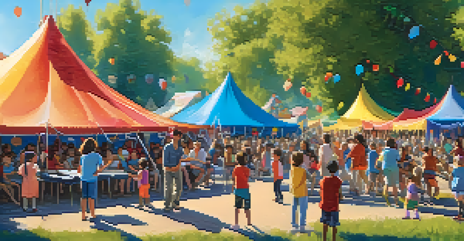 A vibrant community music festival with families participating in musical games and live performances.