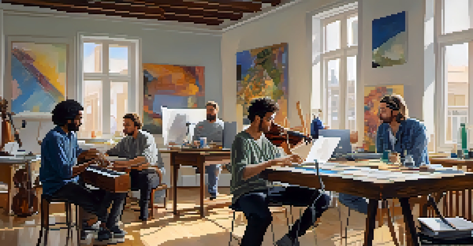 Two musicians collaborating in a bright studio, surrounded by instruments and music sheets.