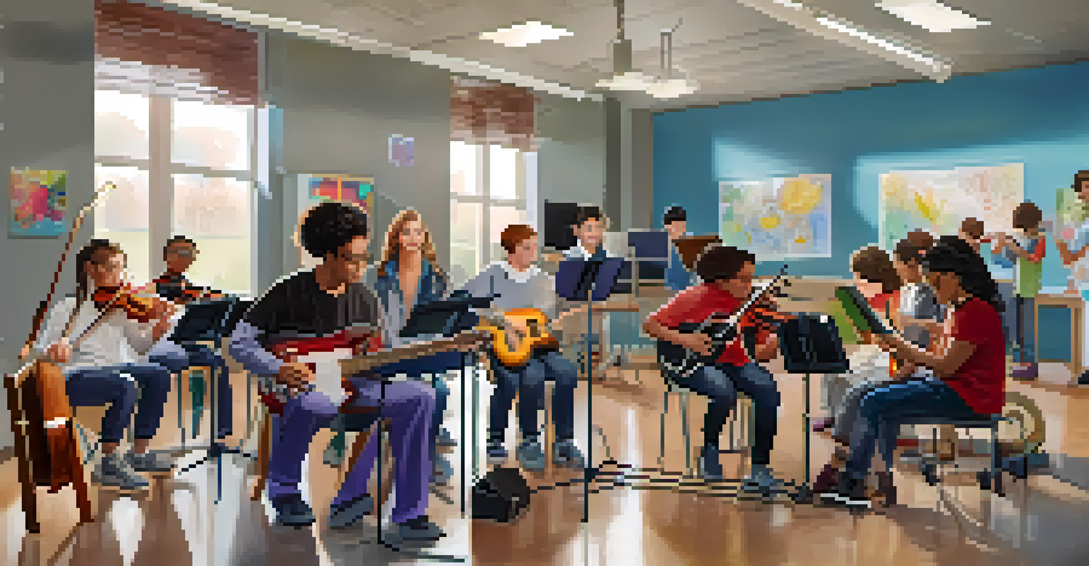 A diverse group of students, including those with disabilities, engaging with adaptive music technology in an inclusive classroom environment.