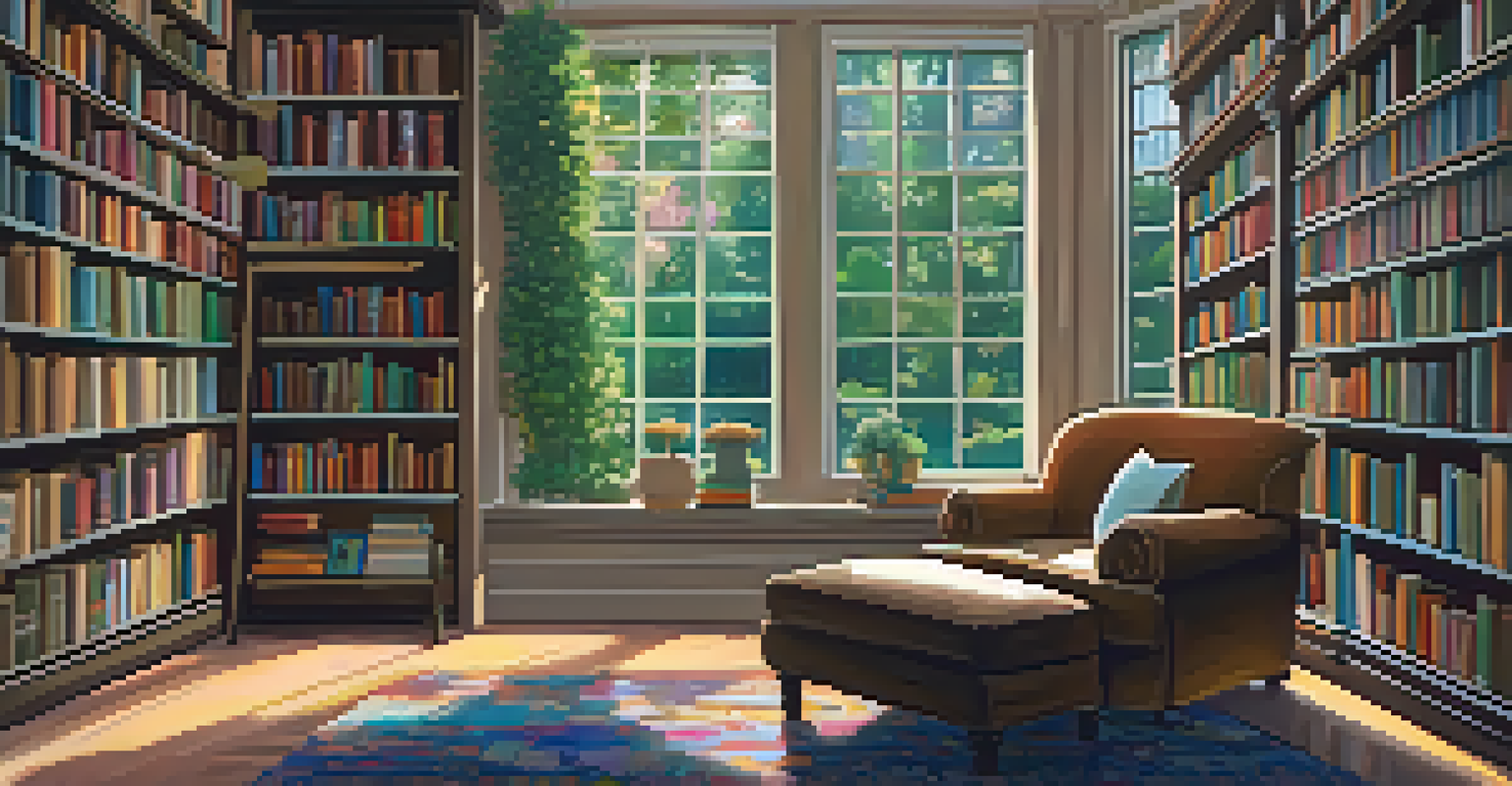 A cozy reading nook with a plush armchair and a table of stacked novels, surrounded by bookshelves filled with colorful books and a garden view outside.