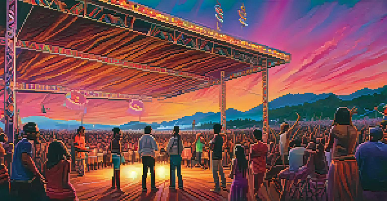 A sunset view of an Indigenous music festival, featuring musicians on stage and a vibrant crowd dancing under colorful lights.