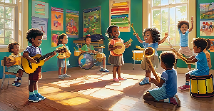 A lively classroom with children participating in a music lesson, filled with instruments and bright sunlight.