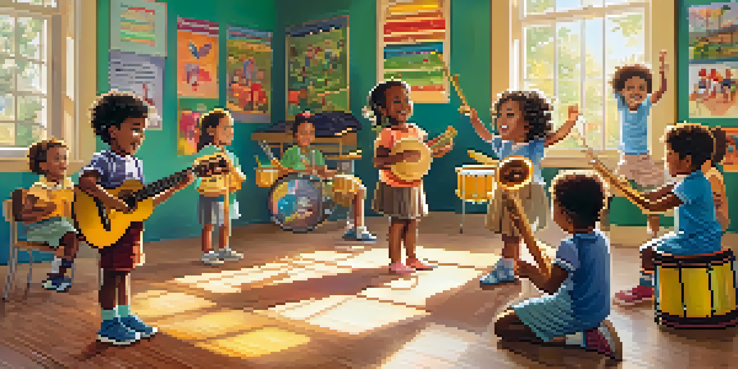 A lively classroom with children participating in a music lesson, filled with instruments and bright sunlight.