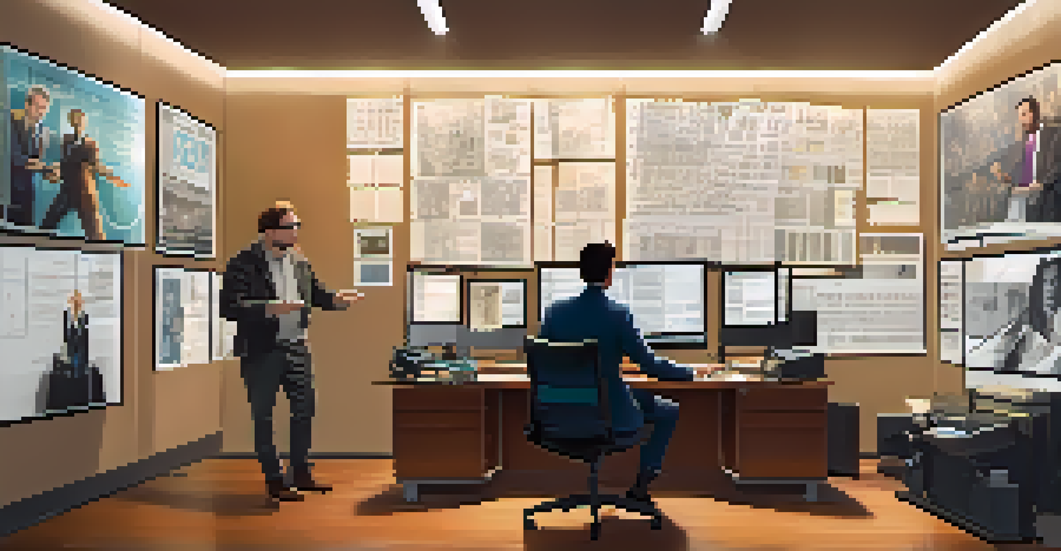 A film director and composer discussing music for a film in a modern office, with storyboards and score sheets around them.