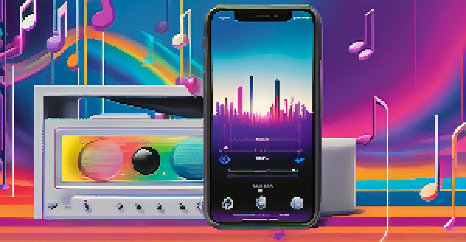 A smartphone showcasing a colorful music playlist interface, surrounded by floating musical notes against a gradient background.