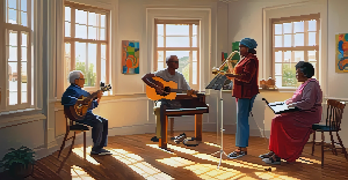 A music therapy session in a sunlit room with a diverse group of individuals playing instruments, accompanied by colorful musical decor.