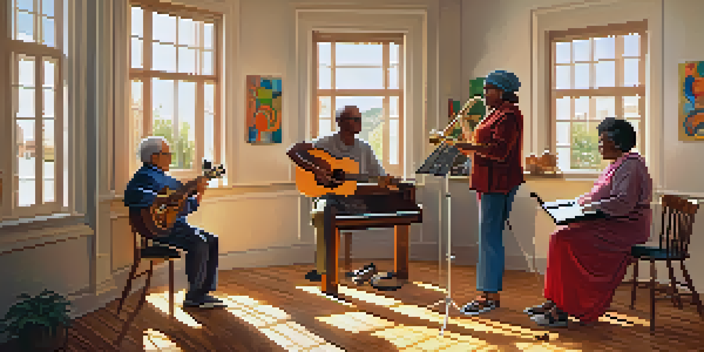 A music therapy session in a sunlit room with a diverse group of individuals playing instruments, accompanied by colorful musical decor.