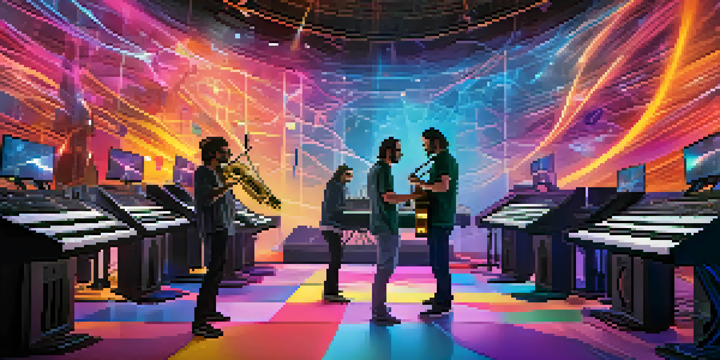 A futuristic digital studio where musicians collaborate in virtual reality, surrounded by colorful sound waves and holographic instruments.
