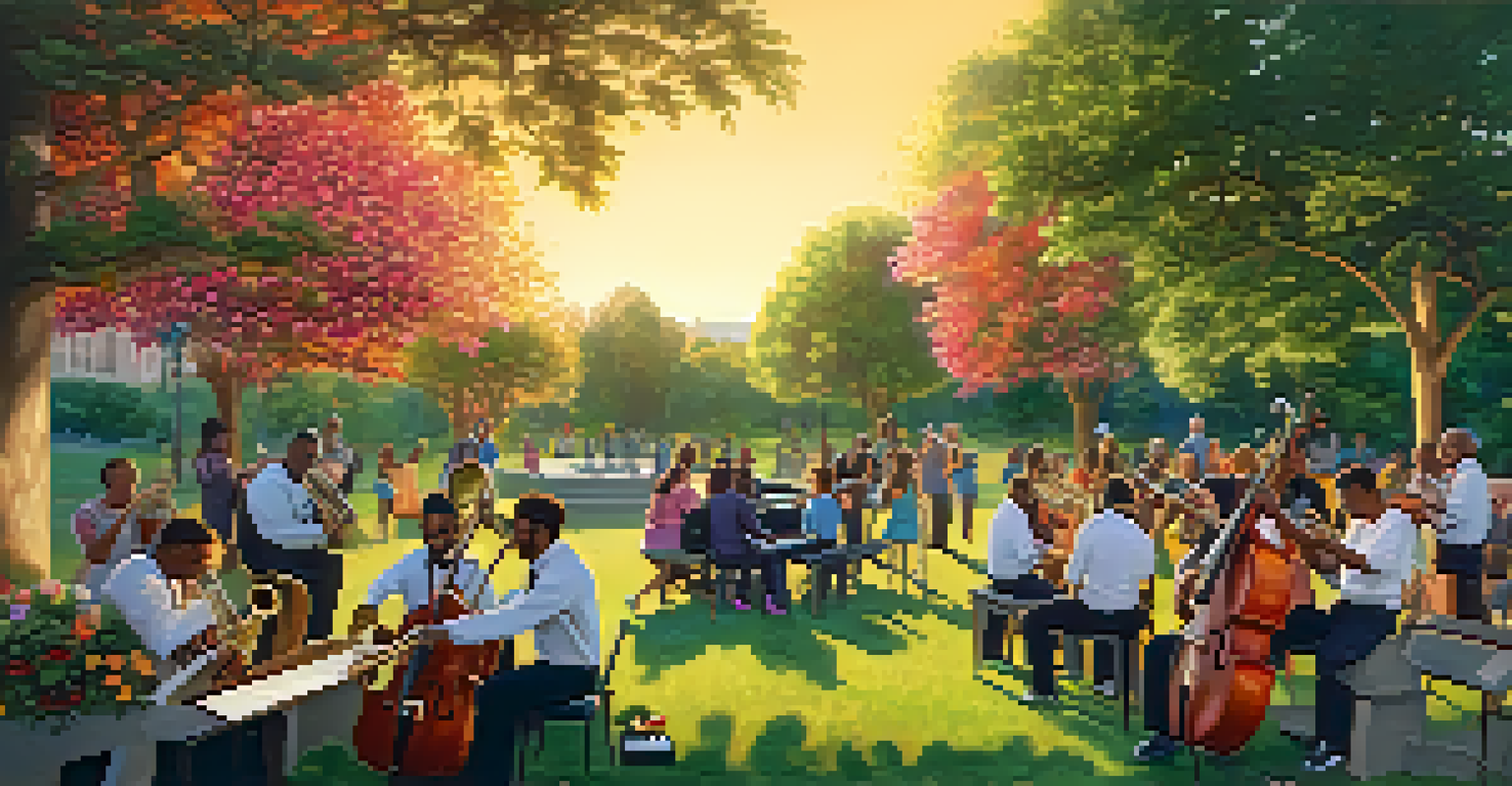 A group of diverse musicians playing together in a park during sunset, surrounded by greenery.