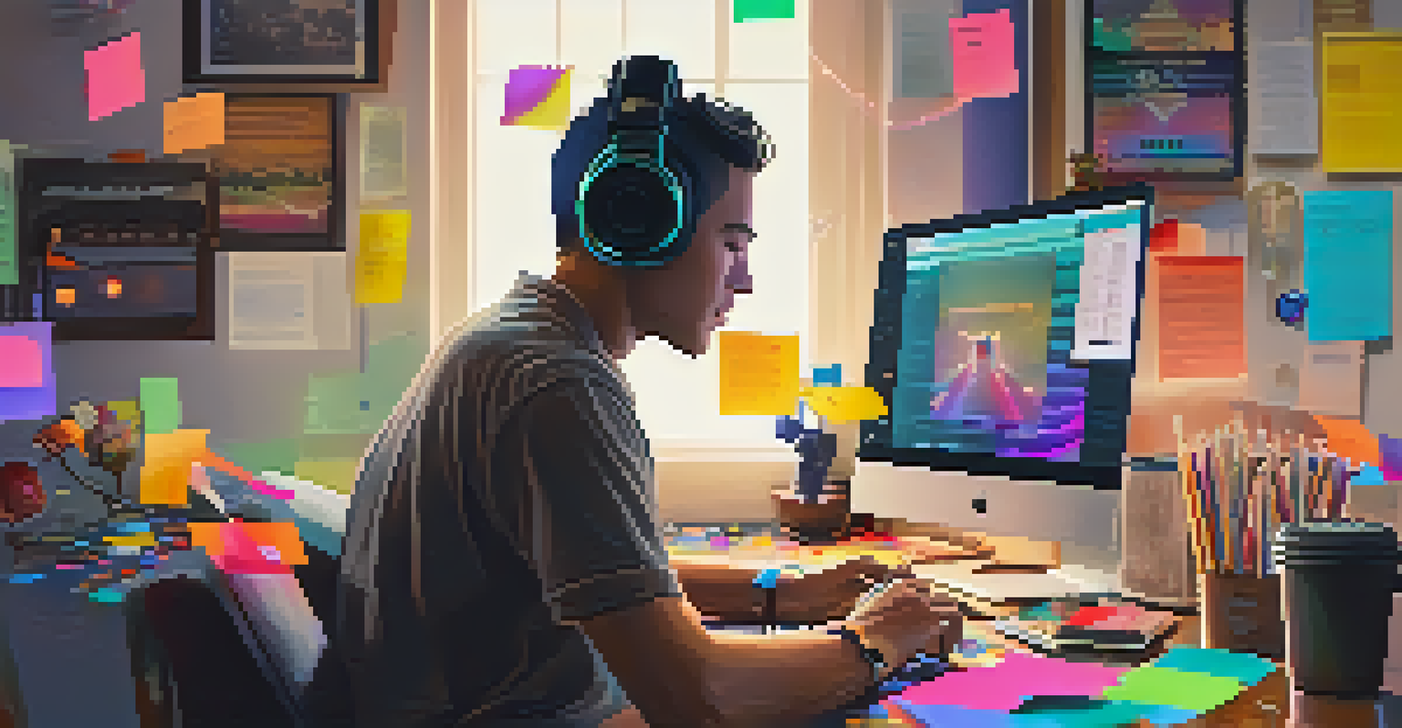 A person curating a music playlist at a desk with headphones, surrounded by sticky notes and a laptop in a softly lit environment.