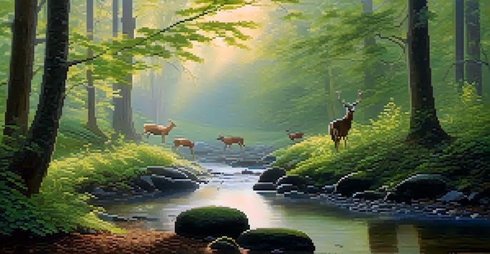 A tranquil forest at dawn with sunlight filtering through trees, a flowing stream, and a deer in the background.