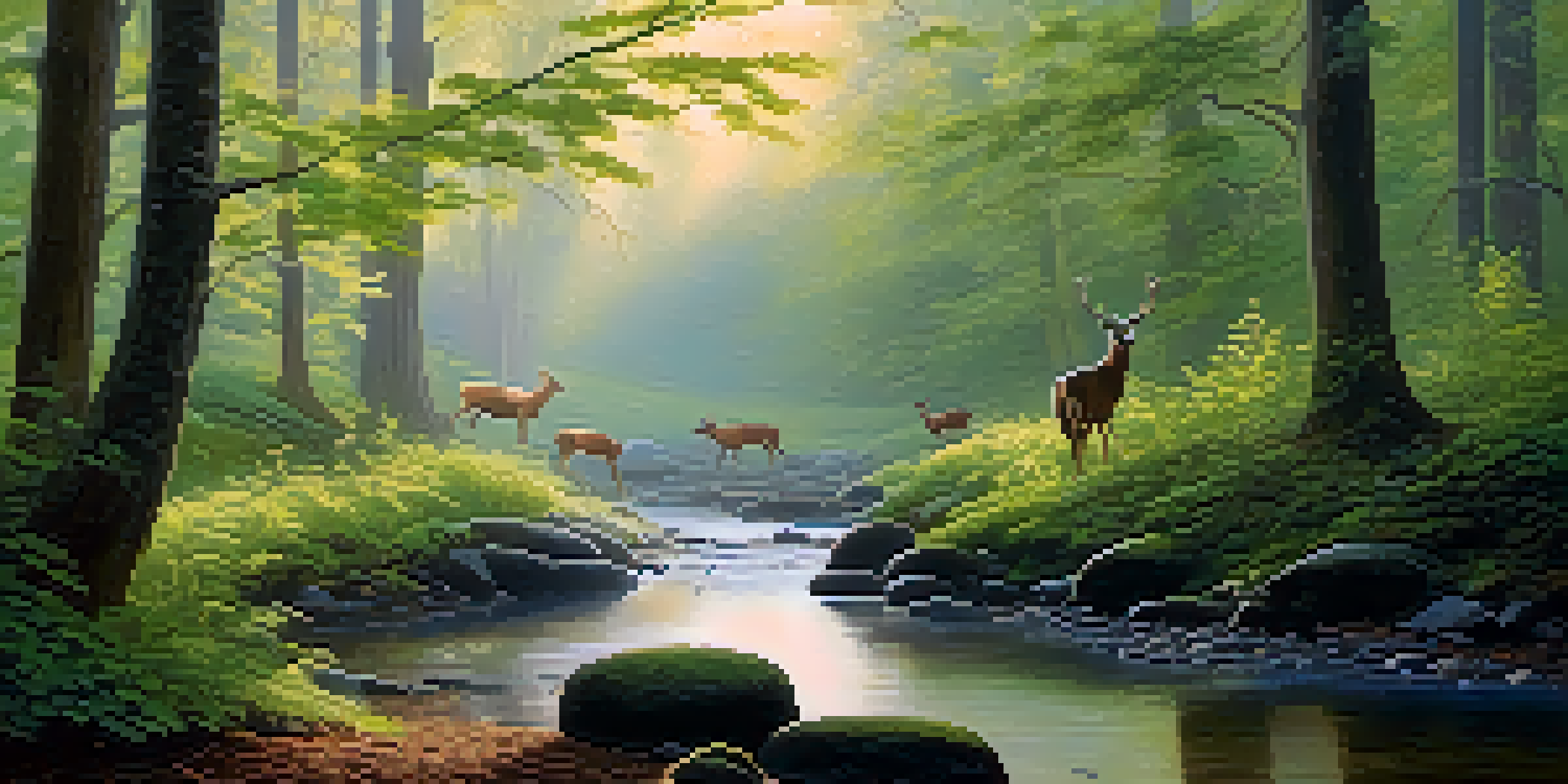 A tranquil forest at dawn with sunlight filtering through trees, a flowing stream, and a deer in the background.