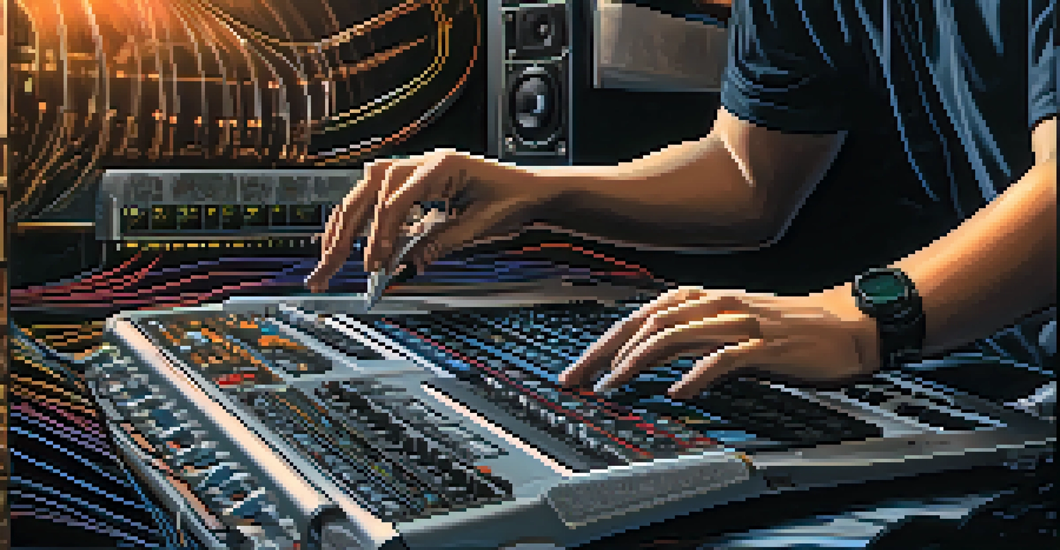 A close-up of a musician's hands adjusting audio software on a laptop.