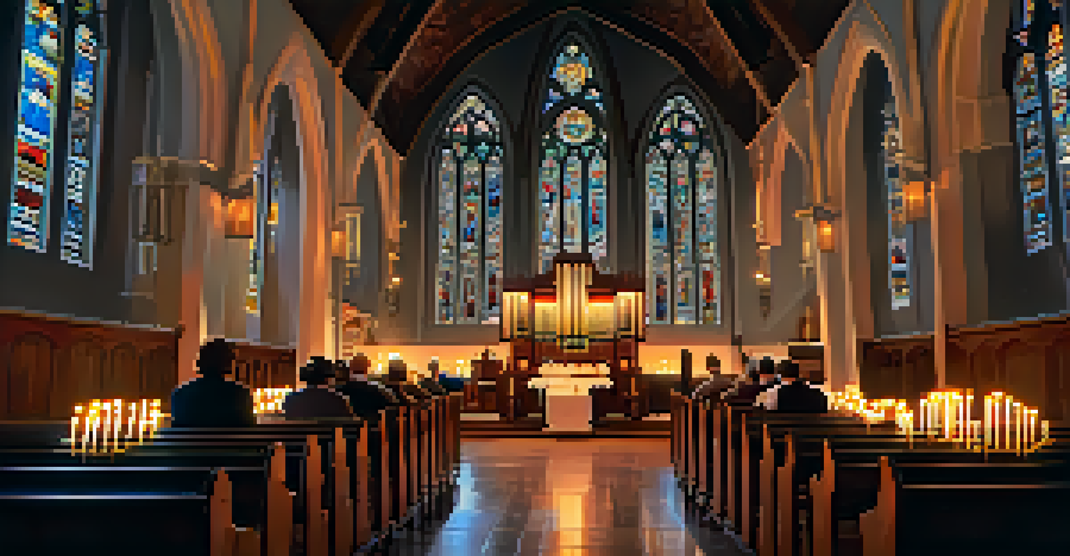 A serene church interior with candles and stained glass windows, where a musician plays the organ and people reflect quietly.
