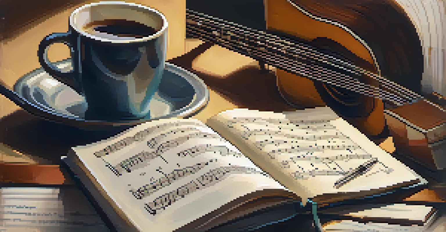 A notebook with chord progressions, a cup of coffee, and a guitar, creating a cozy songwriting scene.