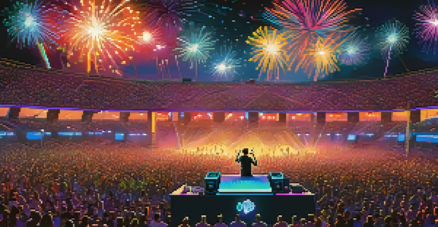 An aerial view of a vibrant electronic music festival at night with a DJ on stage, colorful lights, and a dancing crowd.