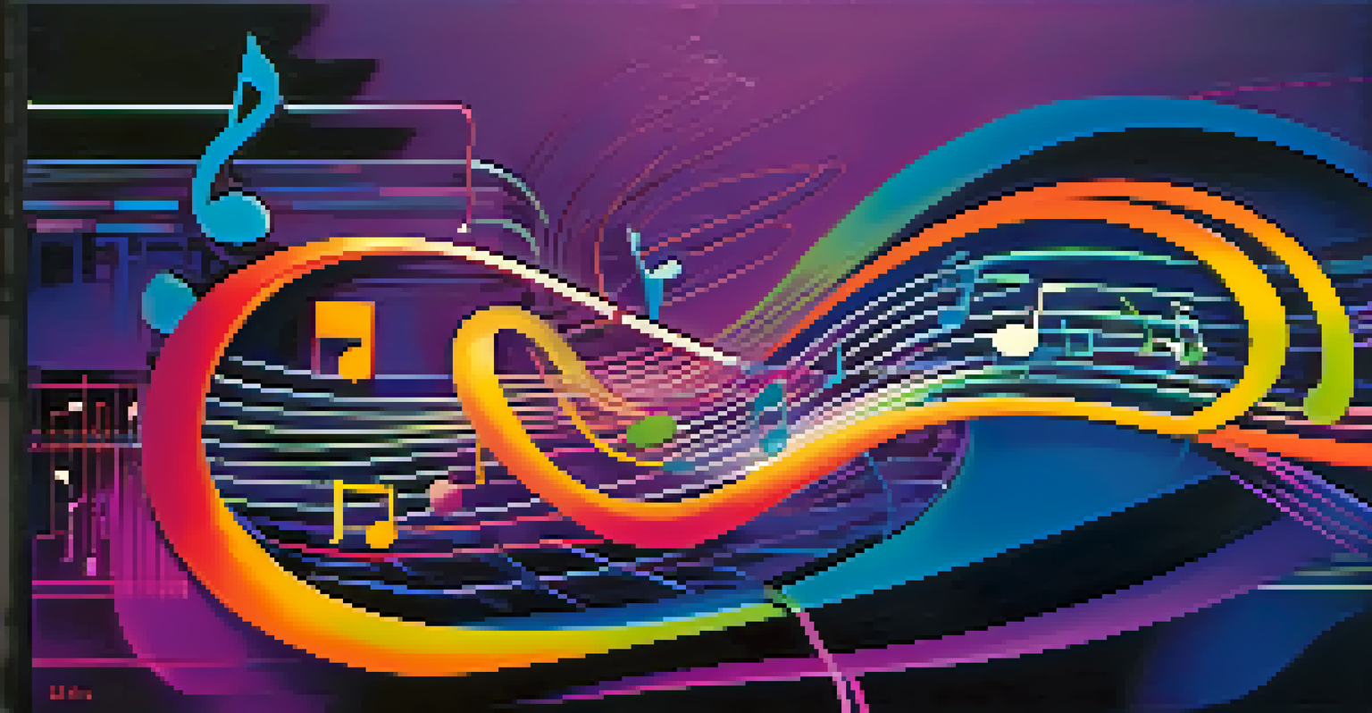 An abstract image combining musical notes and digital elements, representing the connection between AI and music.