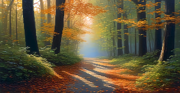 A peaceful forest path at dusk, illuminated by soft, warm light with colorful fallen leaves on the ground.