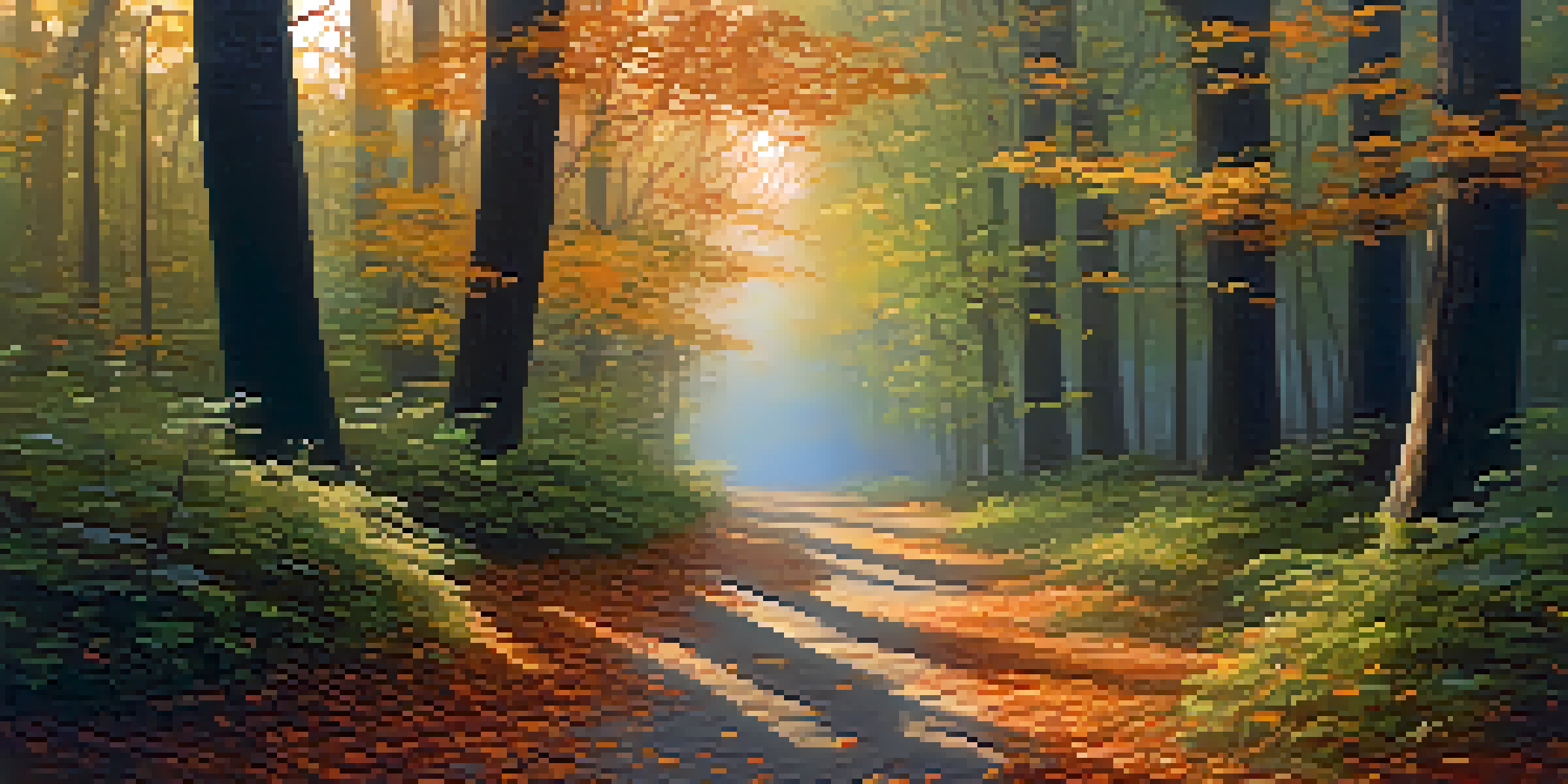 A peaceful forest path at dusk, illuminated by soft, warm light with colorful fallen leaves on the ground.