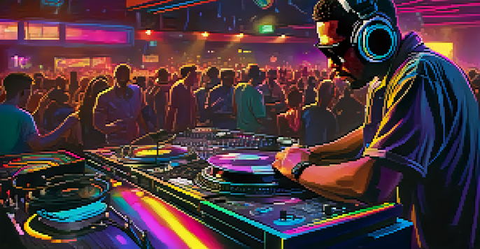 A DJ performing with turntables in a club, surrounded by colorful lights and an engaged audience.