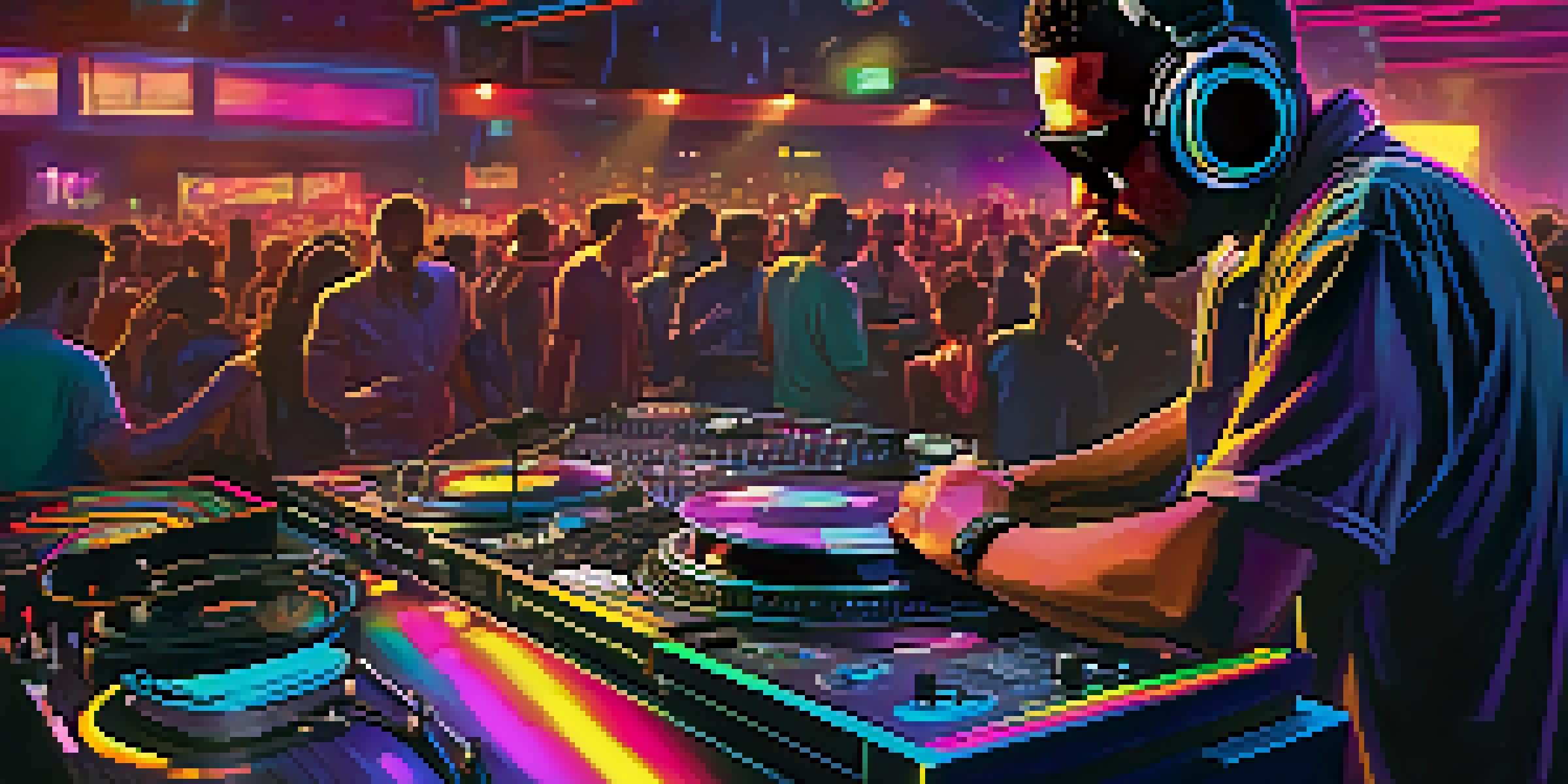 A DJ performing with turntables in a club, surrounded by colorful lights and an engaged audience.