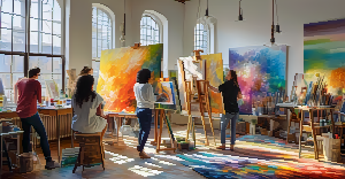 A lively art studio where different artists are working together on a large canvas, with sunlight pouring in and vibrant colors all around.
