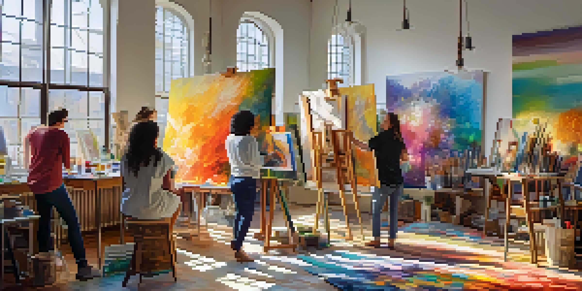 A lively art studio where different artists are working together on a large canvas, with sunlight pouring in and vibrant colors all around.