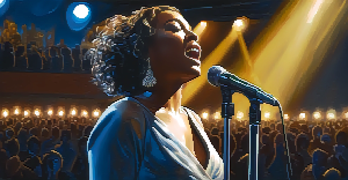 A singer performing on stage under warm lights, showing deep emotion while an audience is blurred in the background.