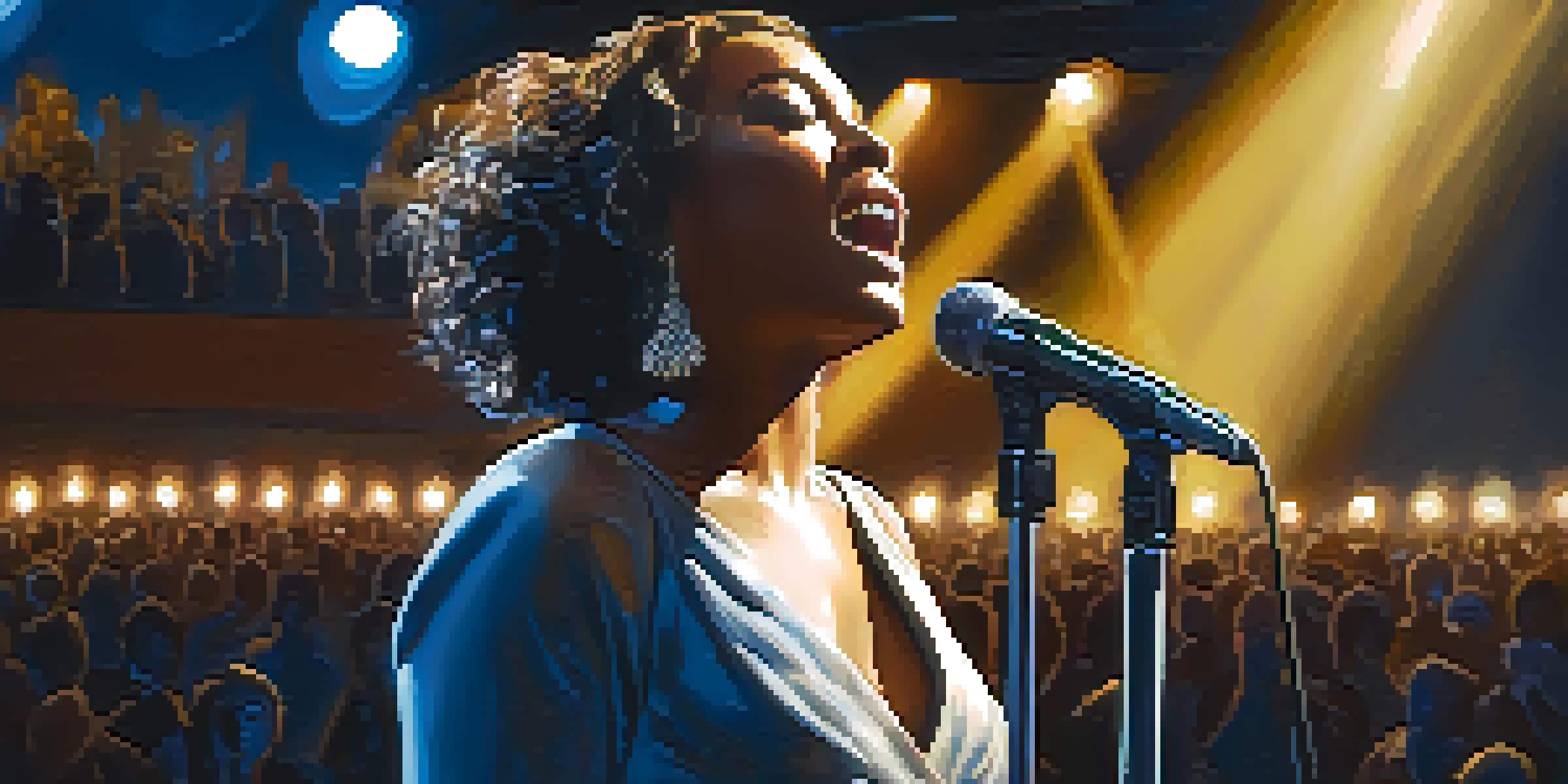 A singer performing on stage under warm lights, showing deep emotion while an audience is blurred in the background.