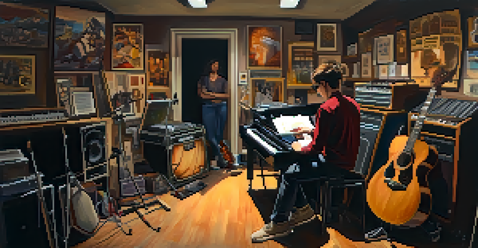 An artist backstage with instruments, checking their setlist in warm lighting, surrounded by posters.