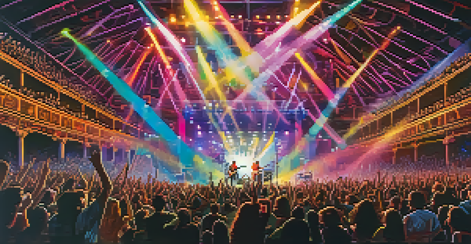 An electric music concert with a band on stage surrounded by colorful lights and a lively audience.