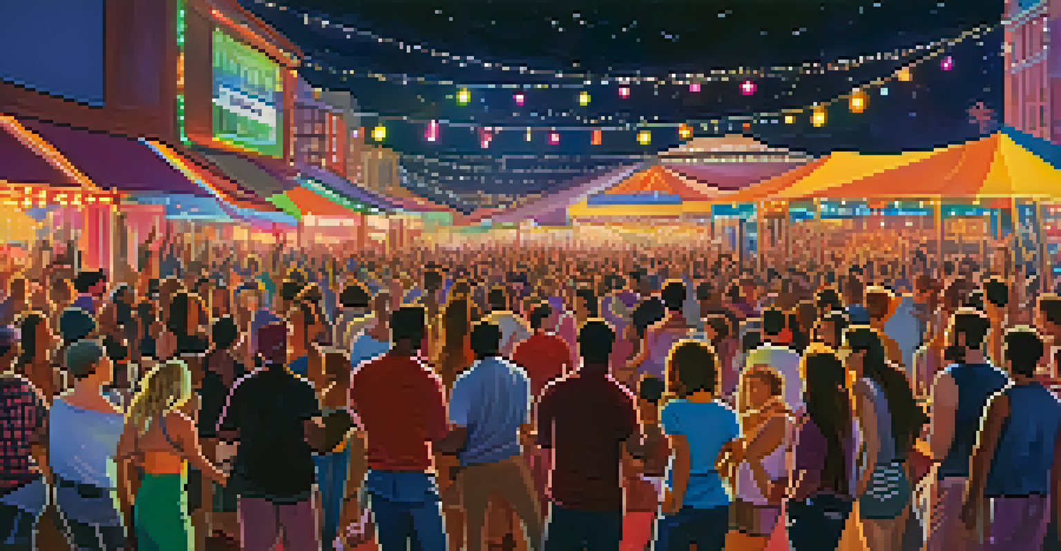 A lively music festival scene at night with a crowd dancing under colorful lights and a stage.