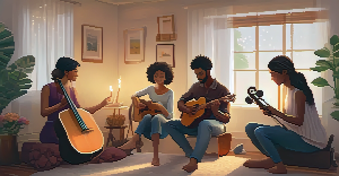 A group of individuals in a cozy room engaged in a music therapy session, holding various instruments under warm lighting.