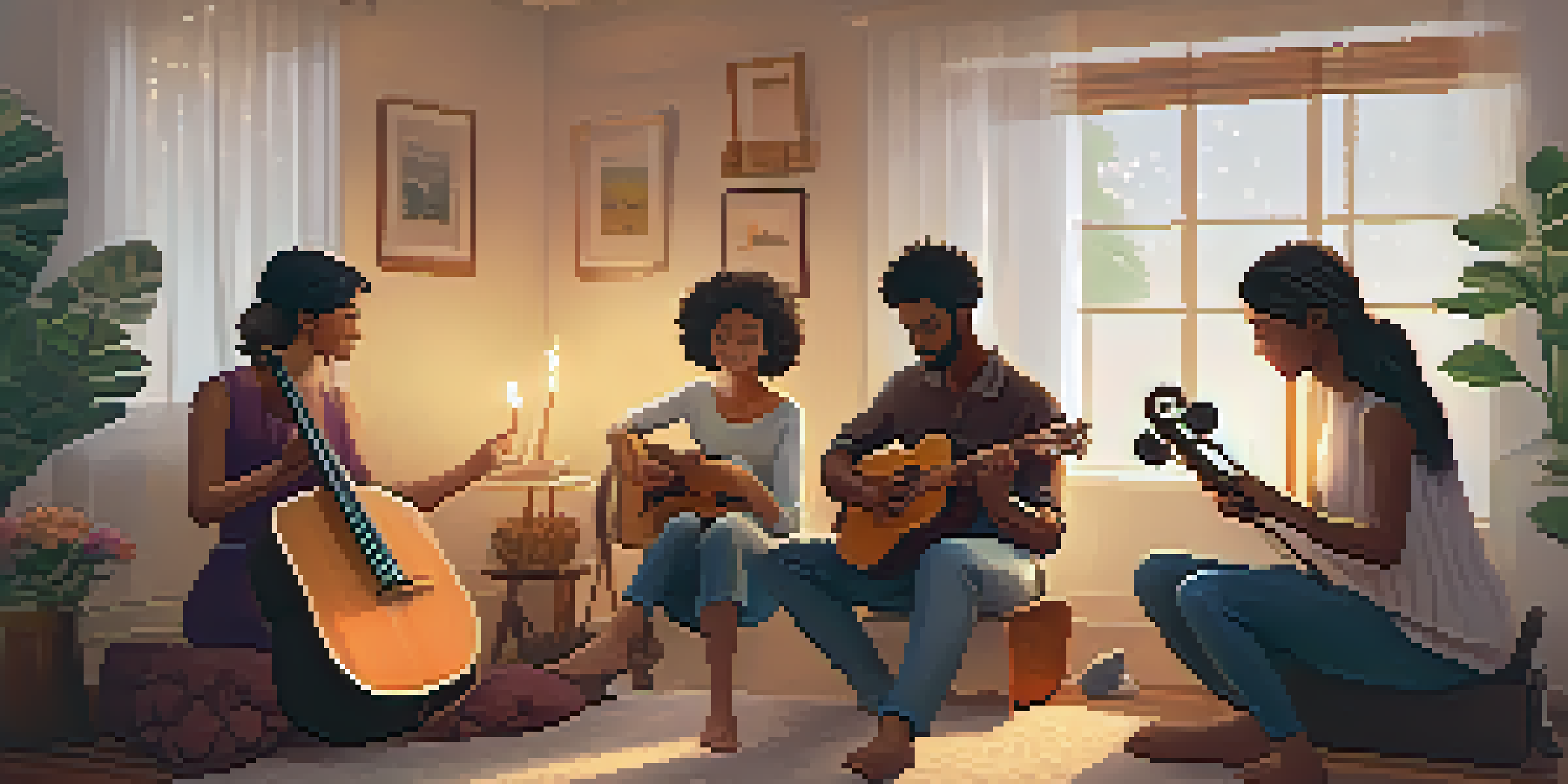 A group of individuals in a cozy room engaged in a music therapy session, holding various instruments under warm lighting.