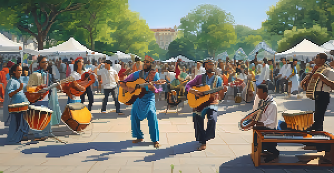 A lively street performance featuring musicians from different cultures playing traditional and modern instruments in a sunny urban park.