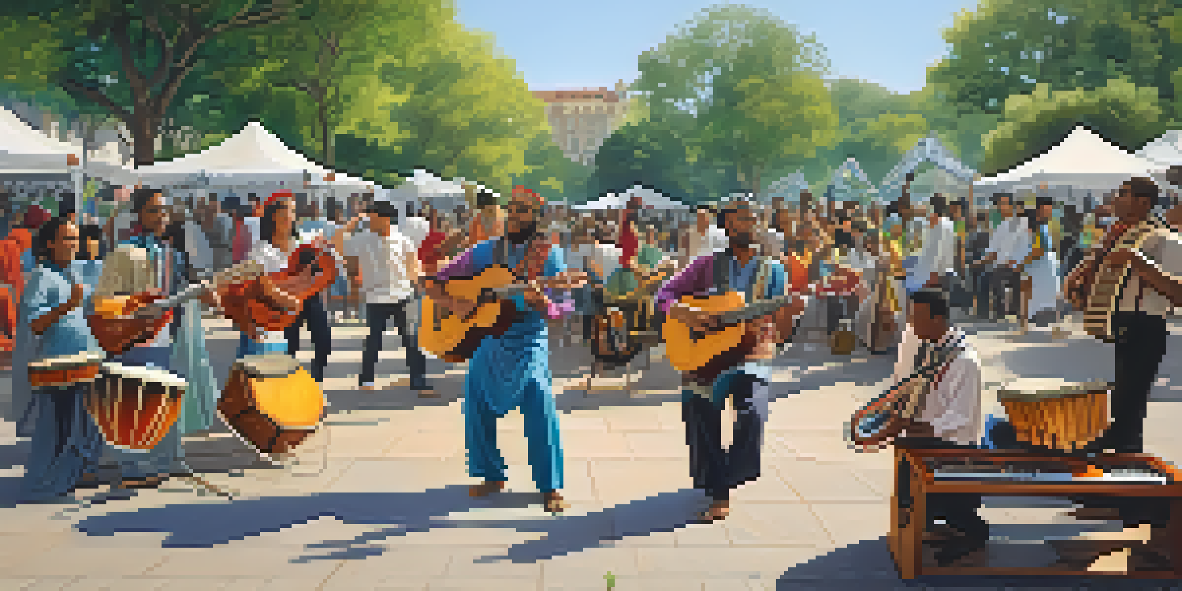 A lively street performance featuring musicians from different cultures playing traditional and modern instruments in a sunny urban park.