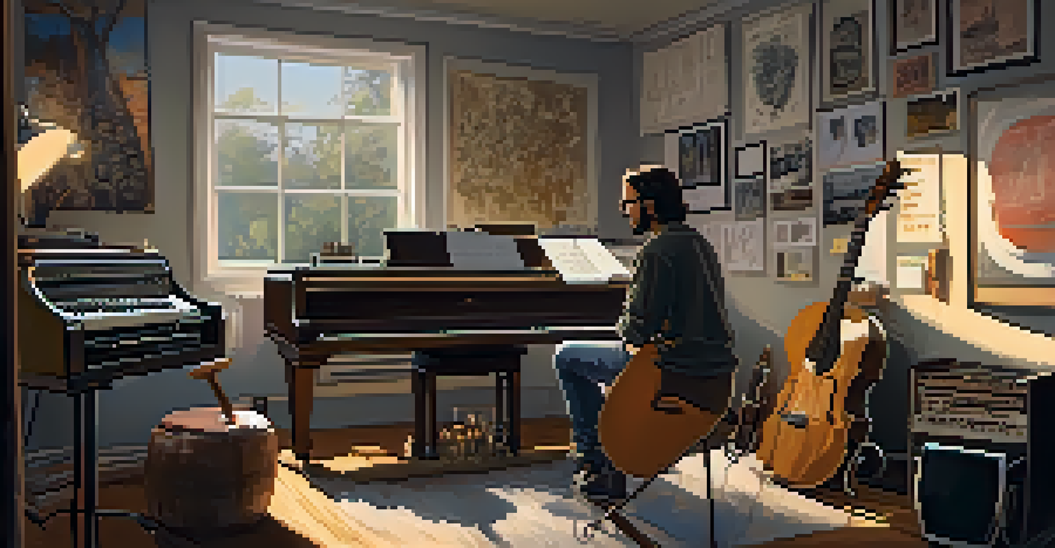 Two musicians collaborating in a cozy studio, engaged in discussion amidst instruments and creative notes.