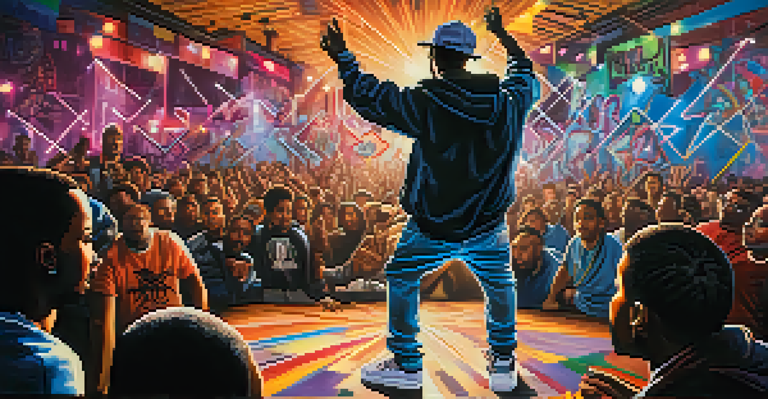 A hip hop artist performing energetically on stage, surrounded by a vibrant crowd and colorful graffiti art.