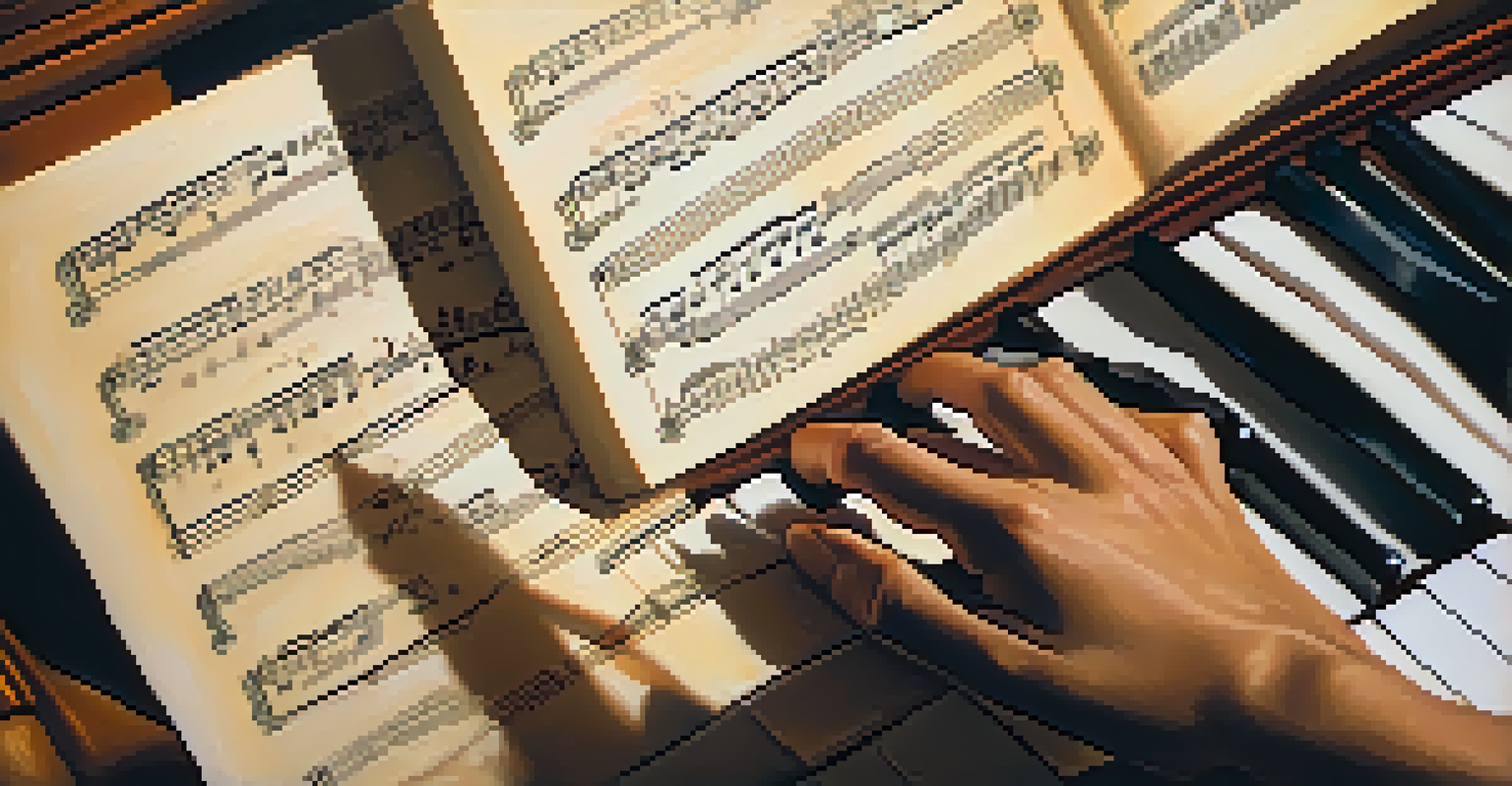 A close-up view of a hand playing piano keys with sheet music in the background.