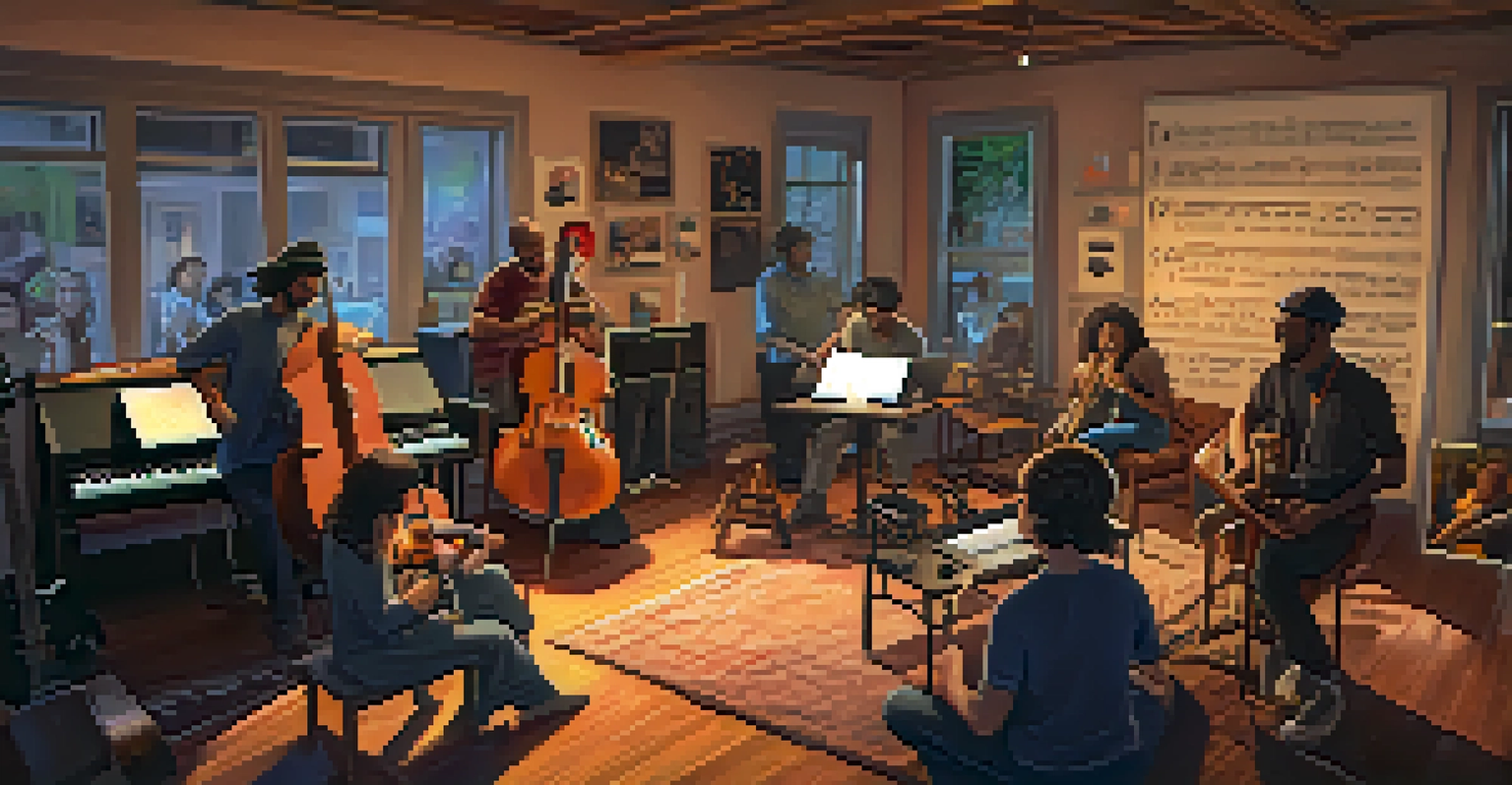 A group of diverse musicians collaborating around a laptop in a cozy studio filled with instruments.