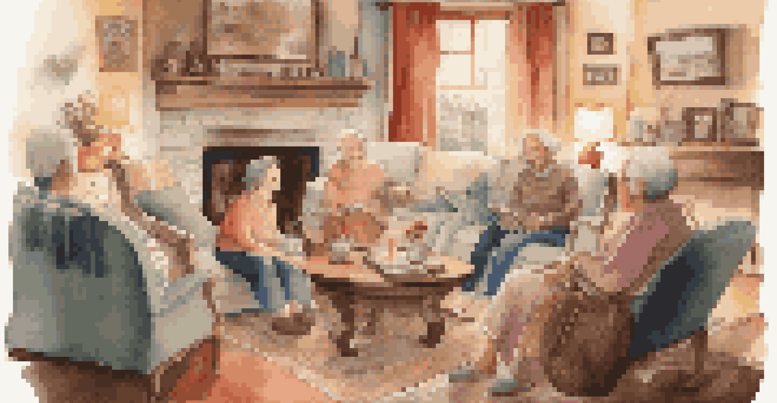 A family gathering where a grandmother plays the piano while family members share stories and enjoy music together in a warmly lit living room.