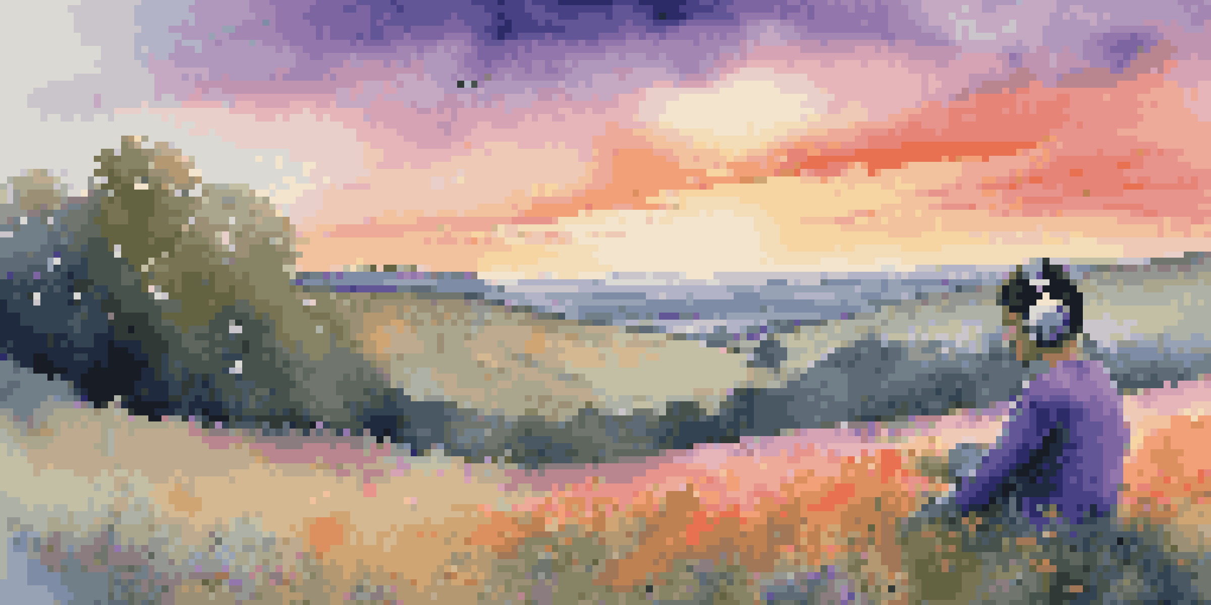 A person on a grassy hill with headphones, looking at a colorful sunset, surrounded by wildflowers.