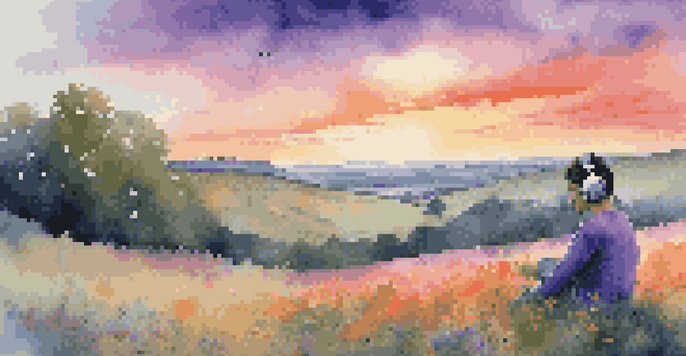 A person on a grassy hill with headphones, looking at a colorful sunset, surrounded by wildflowers.