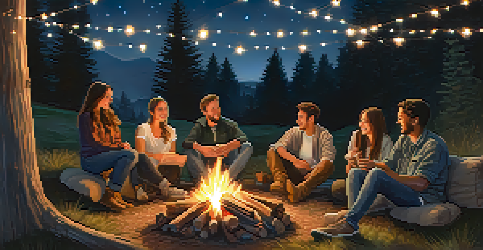 A diverse group of friends around a bonfire at night, sharing music and stories, illuminated by fairy lights under a starry sky.