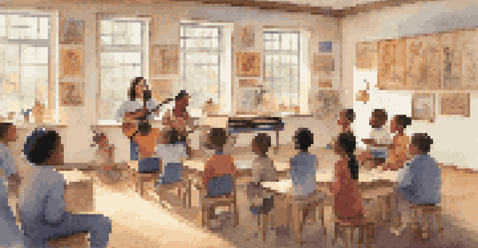 Children of different backgrounds singing in a music classroom, with instruments and cultural posters, guided by an enthusiastic teacher.