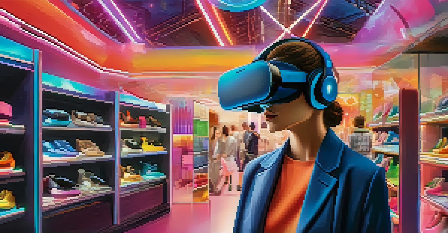 A user in a virtual reality shopping experience, surrounded by colorful digital elements and musical notes, engaging with products.