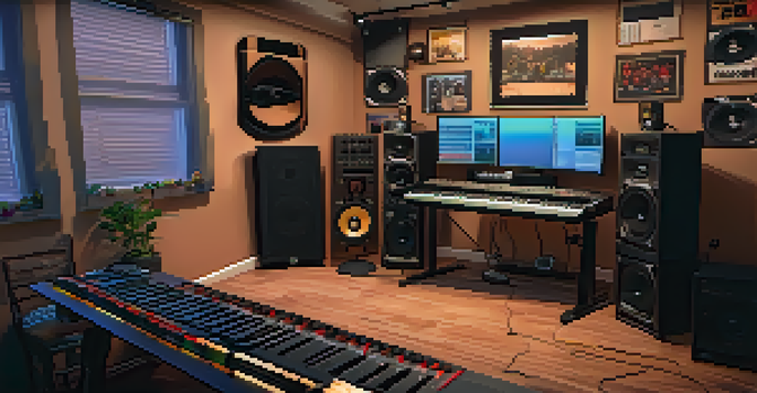 A home recording studio featuring a computer with music software, a microphone, and musical instruments, all under warm lighting.